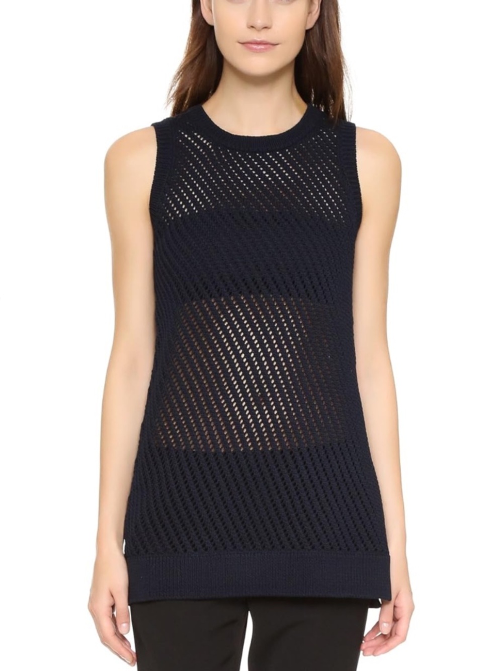NWT Vince Navy Blue Open Knit Crochet Tunic sleeveless sweater top Blouse Sz XS